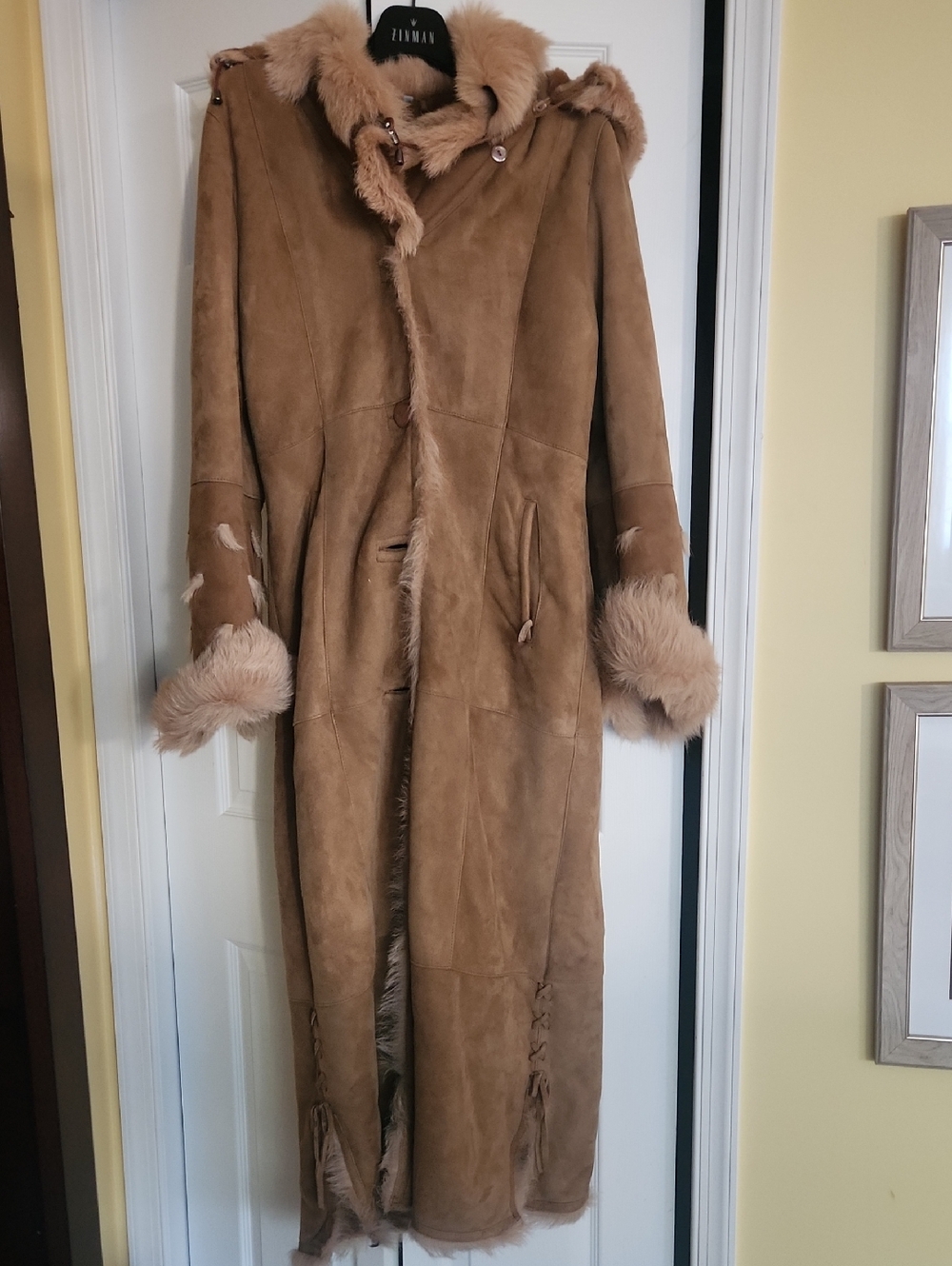 Long Camel Suede Shearling Coat with Fur Trim - Unbranded